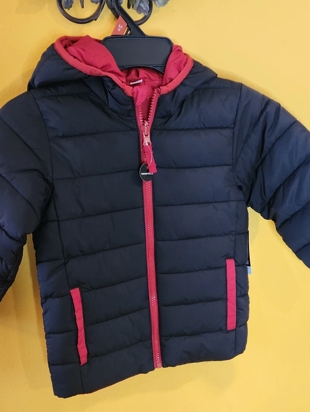 okie dokie Black Puffer Jacket with Red Accents - Hooded Coat